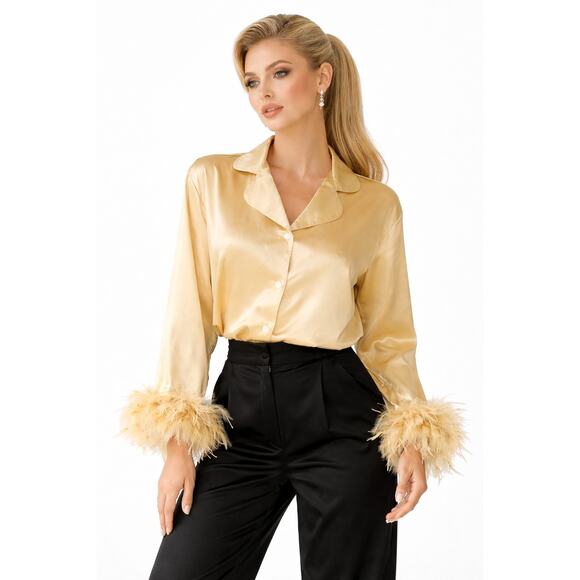Tops - Satin Feather Cuff Blouse Pajama Style Button Up Y2K Old Hollywood Glam Top